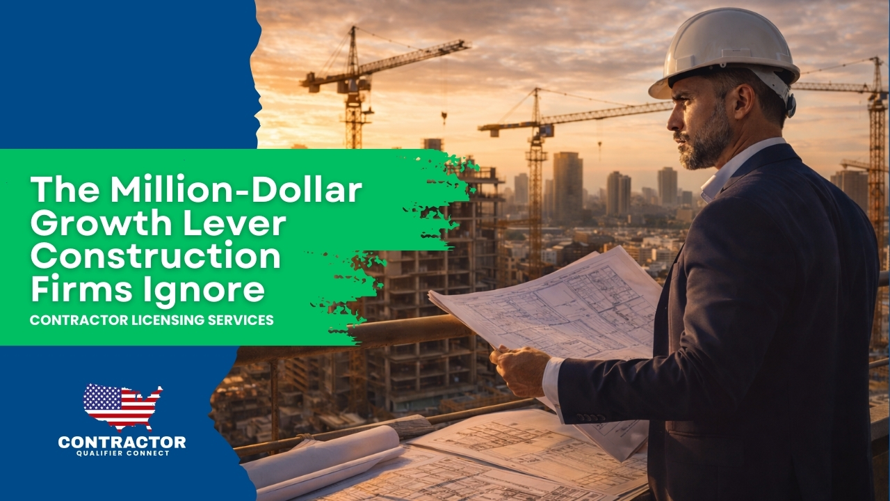 Construction firm executive reviewing project blueprints at large commercial job site highlighting contractor licensing growth strategy.