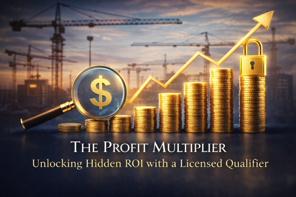 Construction site background with rising gold coins and upward graph representing increased ROI through a licensed qualifier.